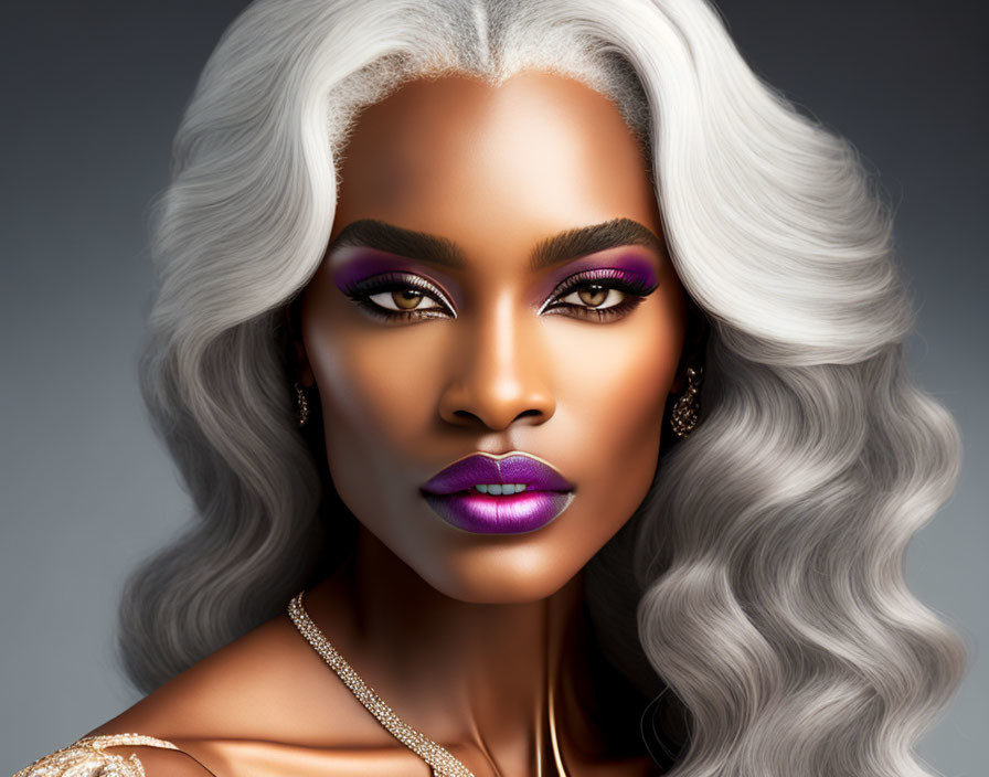 Striking Purple Makeup, Wavy Silver Hair, Gold Accessories