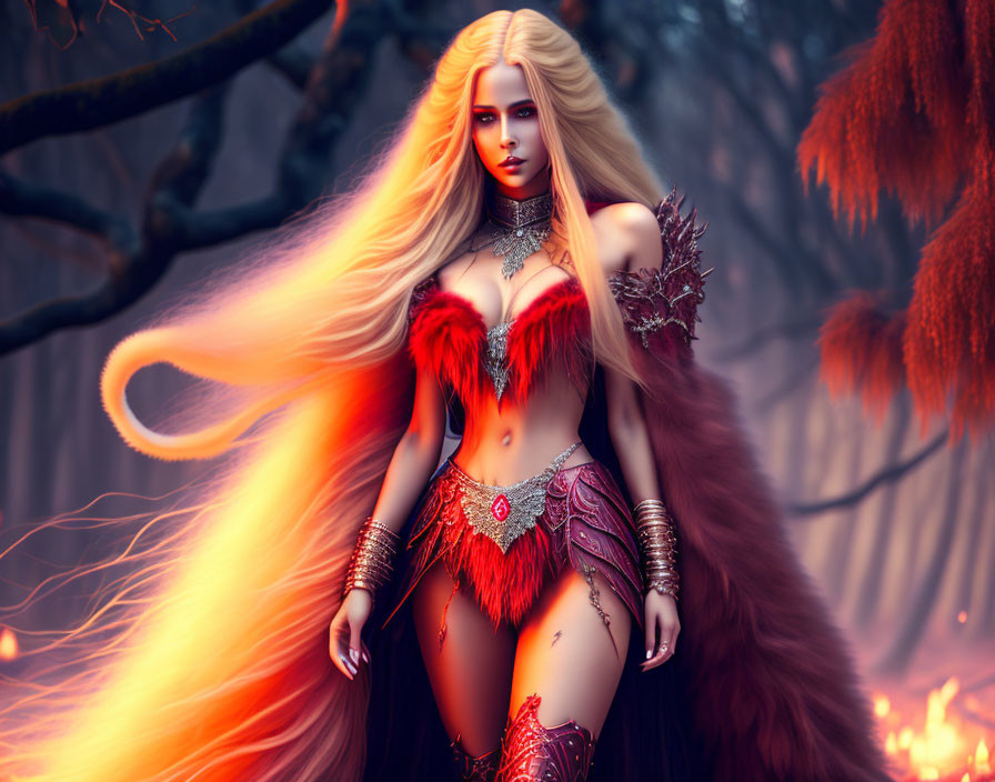 Fantasy female character in red armor in mystical forest