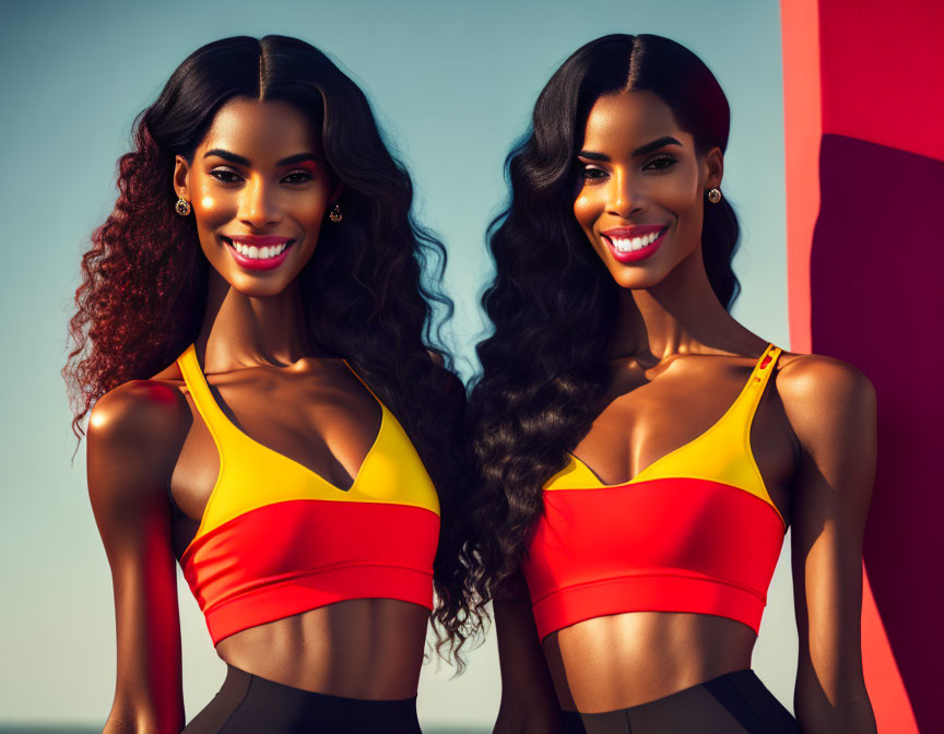 Two smiling women in red and yellow tops with long curly hair against blue sky.