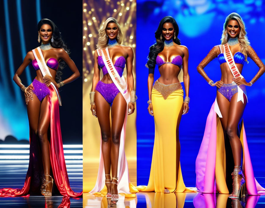 Four women in elegant evening wear with sashes on stage with blue backdrop.