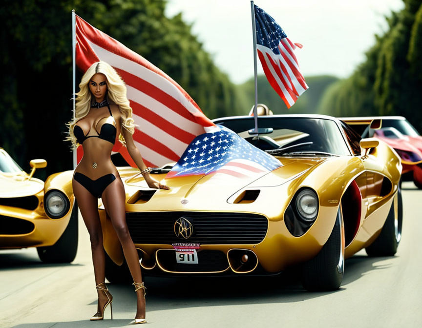 Digital artwork of woman in bikini with American flag by gold sports car