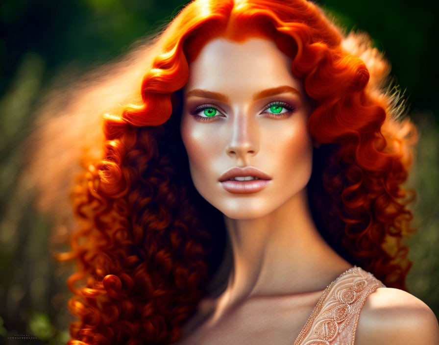 Vibrant red curly hair woman portrait on green background