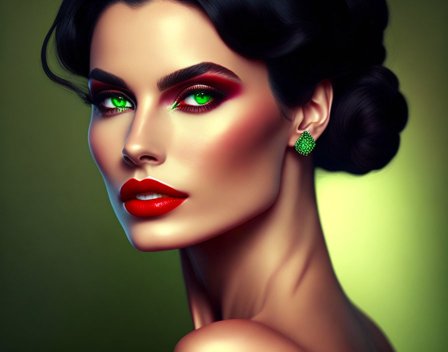 Vibrant digital portrait of a woman with green eyes and red makeup