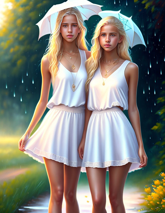 Identical animated girls in white dresses with umbrellas on a rainy path.