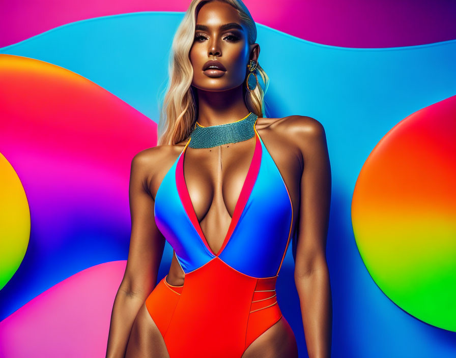 Vibrant woman in orange swimsuit against colorful backdrop