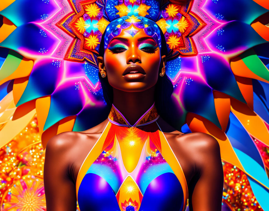 Colorful digital artwork: Woman with vibrant features and psychedelic patterns.