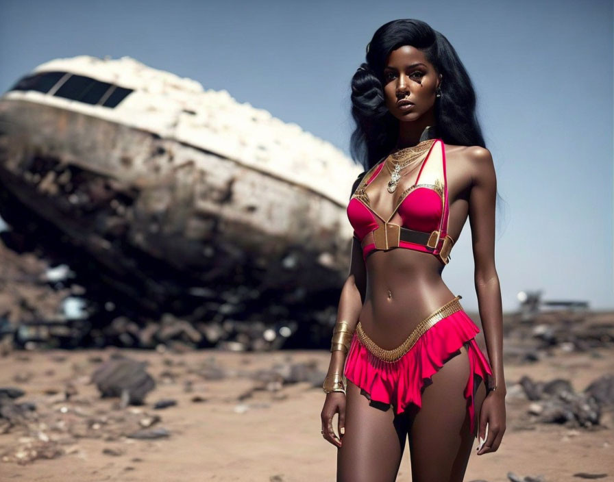 Stylish woman in pink bikini near rusted shipwreck in barren landscape