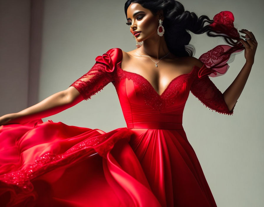 Woman in Red Gown with Sparkling Jewelry and Dynamic Pose