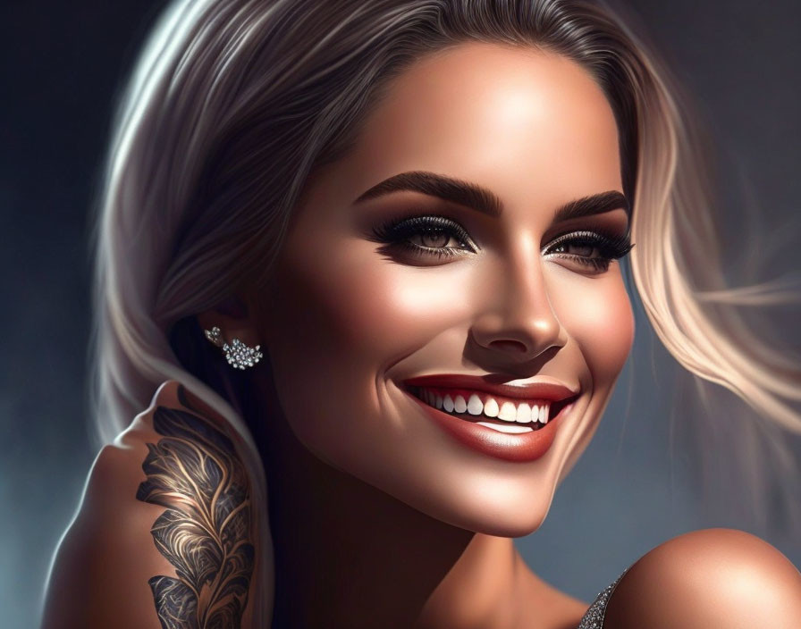 Detailed digital portrait of a smiling woman with makeup, earring, and sleeve tattoo