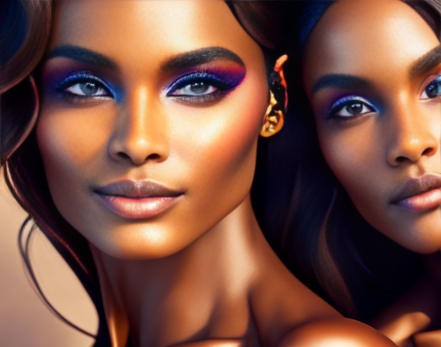 Two women with vibrant eye makeup and glowing skin in portrait.