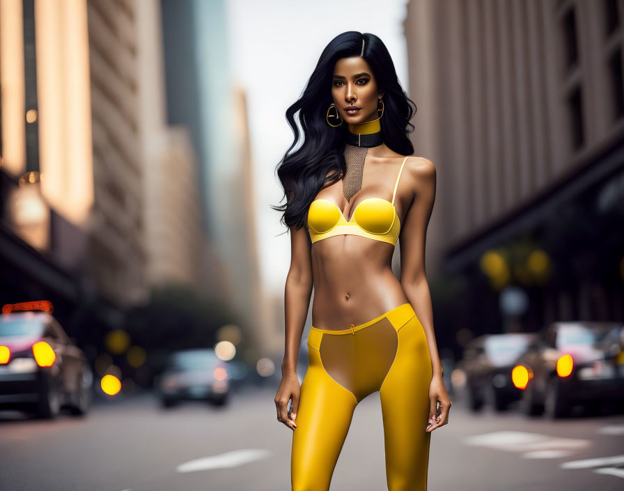 Dark-haired woman in yellow outfit on city street with tall buildings and car lights.