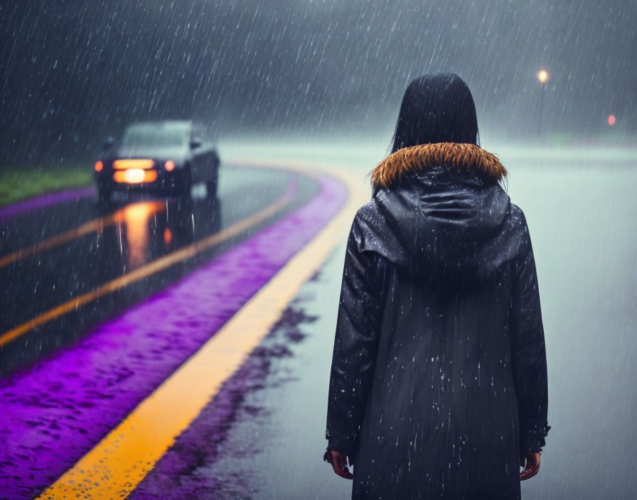 Person in hooded jacket on wet road with purple curb lines, rain falling, car approaching.