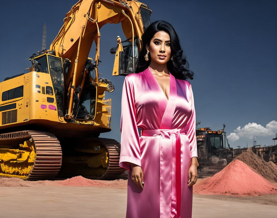 Confident woman in pink dress at construction site with heavy machinery