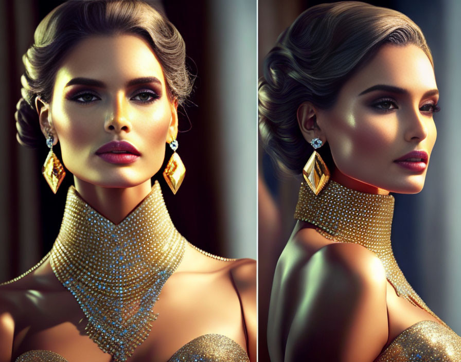 Stylish woman with glamorous makeup and golden accessories against shadowed backdrop