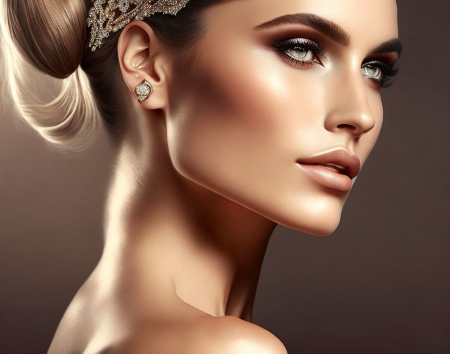 Woman with Sleek Bun Hairstyle and Sparkling Earrings