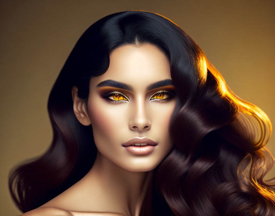 Portrait of Woman with Flowing Dark Hair and Striking Makeup