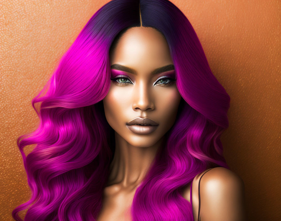 Vivid purple hair woman portrait on orange background