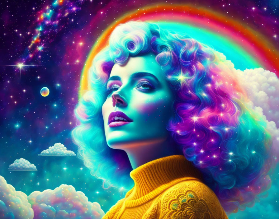 Colorful portrait of woman with curly hair in cosmic-themed setting