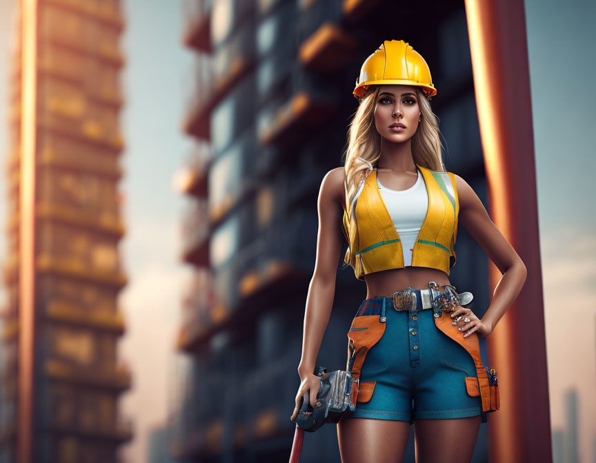 Confident woman with hardhat and tool belt at construction site