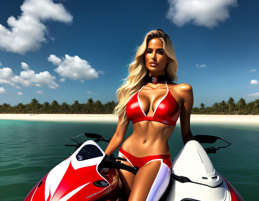 Digital artwork: Woman in red bikini with jet skis on tropical beach