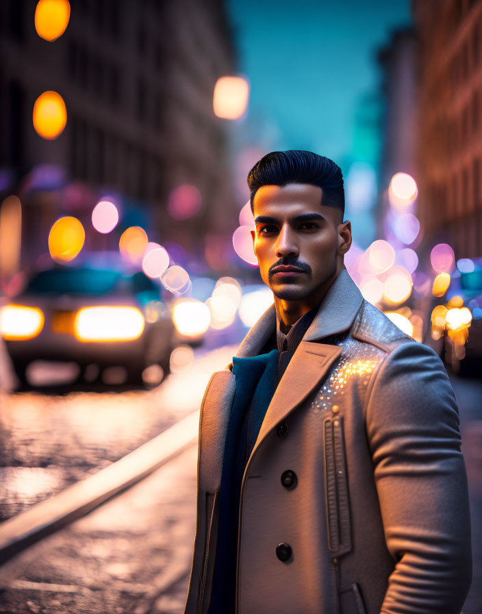 Stylishly dressed man on city street at twilight with blurred lights