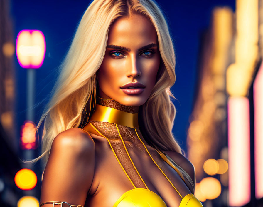 Digitally created woman in futuristic yellow-gold outfit against city backdrop