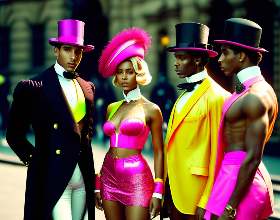 Four individuals in vibrant outfits with extravagant top hats pose dramatically