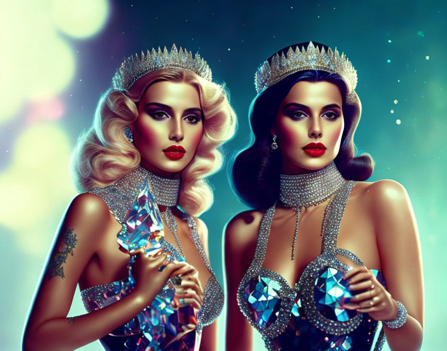 Two women in crowns and sparkling dresses on celestial backdrop.