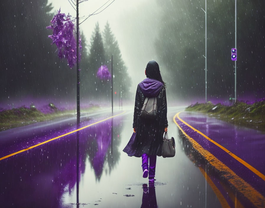 Person in Black Outfit Walking on Wet Purple Road in Rain