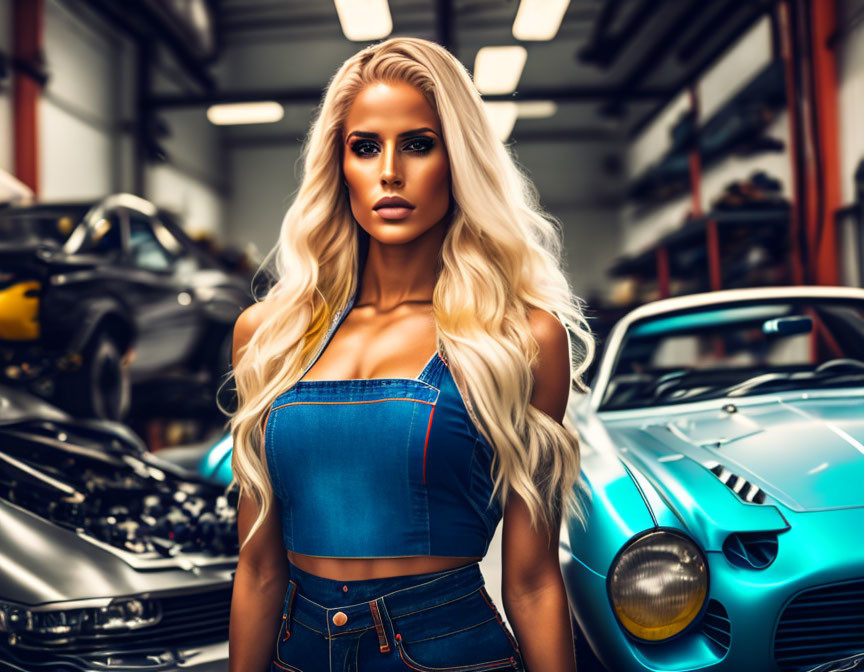 Blonde woman in denim outfit posing in garage with classic cars