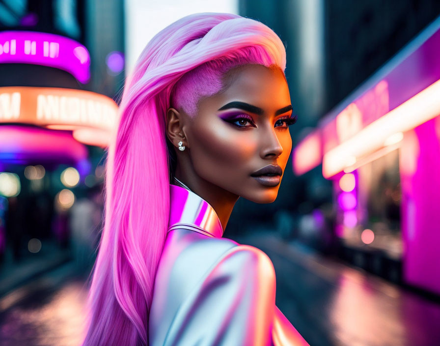 Digital artwork featuring female figure with pink hair and futuristic makeup in neon-lit urban setting