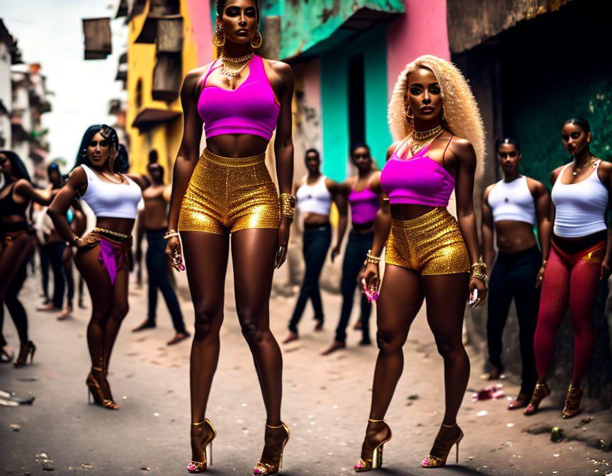 Vibrant pink tops, gold shorts, high heels: Women leading group in urban setting