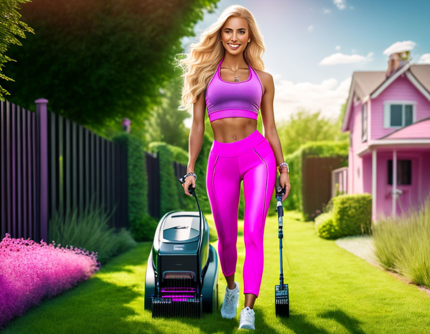 Smiling woman in pink sporty outfit mowing lawn in sunny suburb