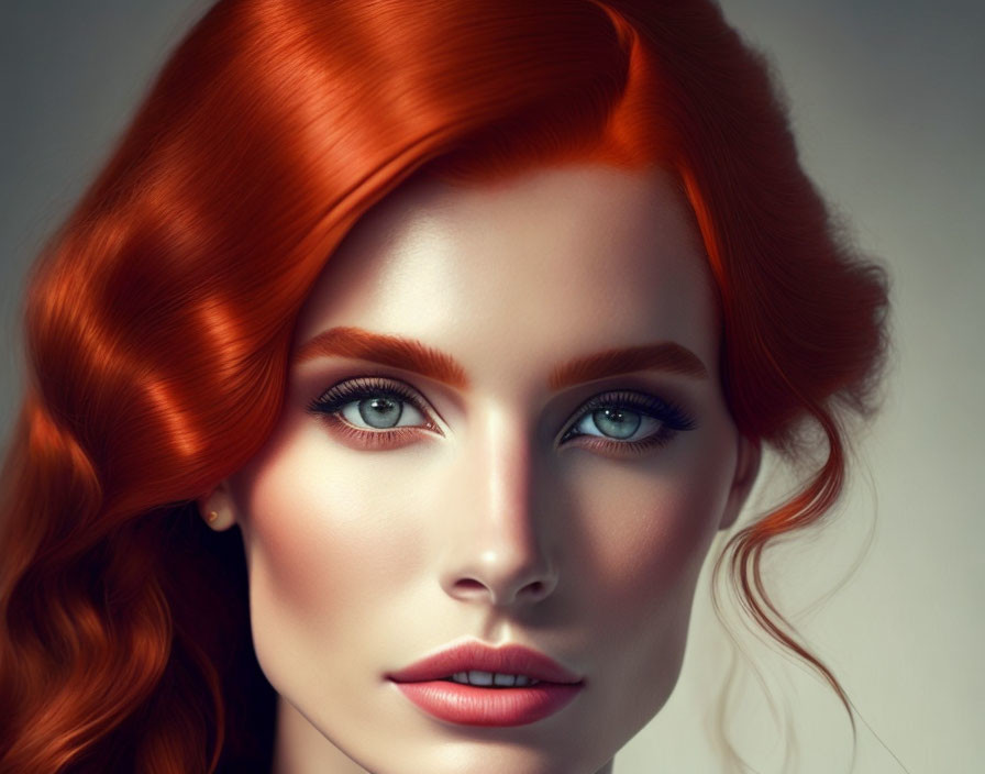 Close-up portrait of woman with red hair, porcelain skin, and blue eyes.