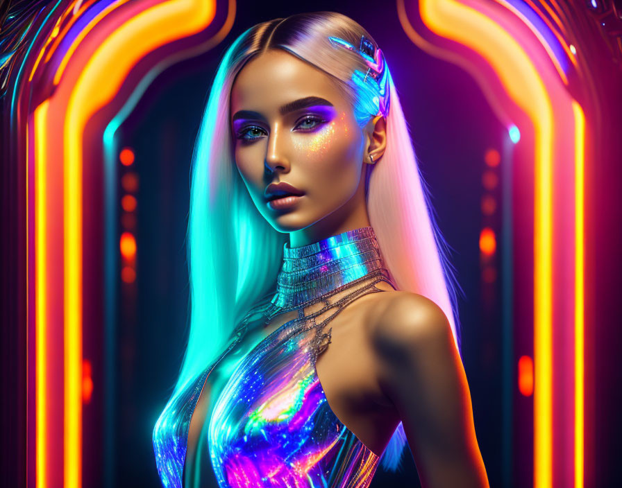 Glowing makeup woman under neon lights for futuristic look