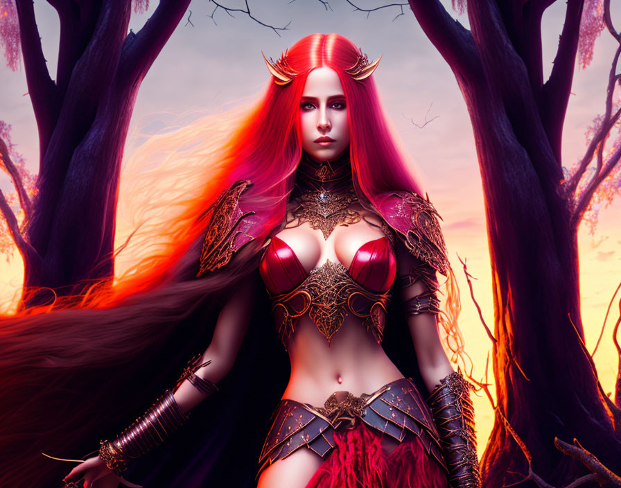 Pink-Haired Female Warrior in Gold Armor in Mystical Forest at Sunset