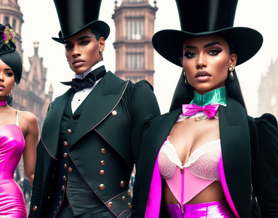 Four Victorian-inspired characters in stylized outfits and top hats striking dramatic poses