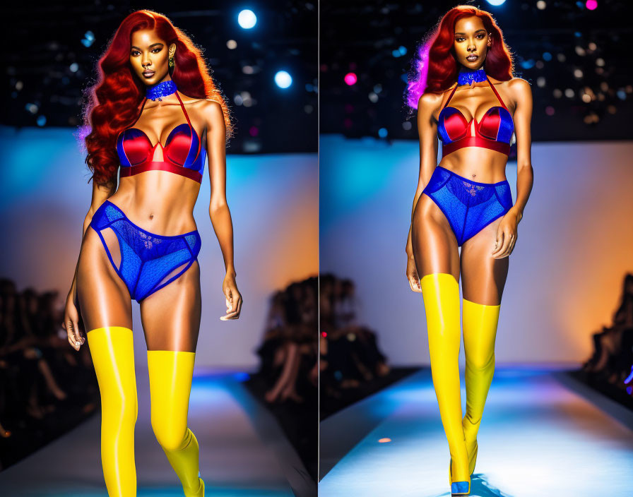 Model showcases blue and red bikini with yellow thigh-high boots on runway