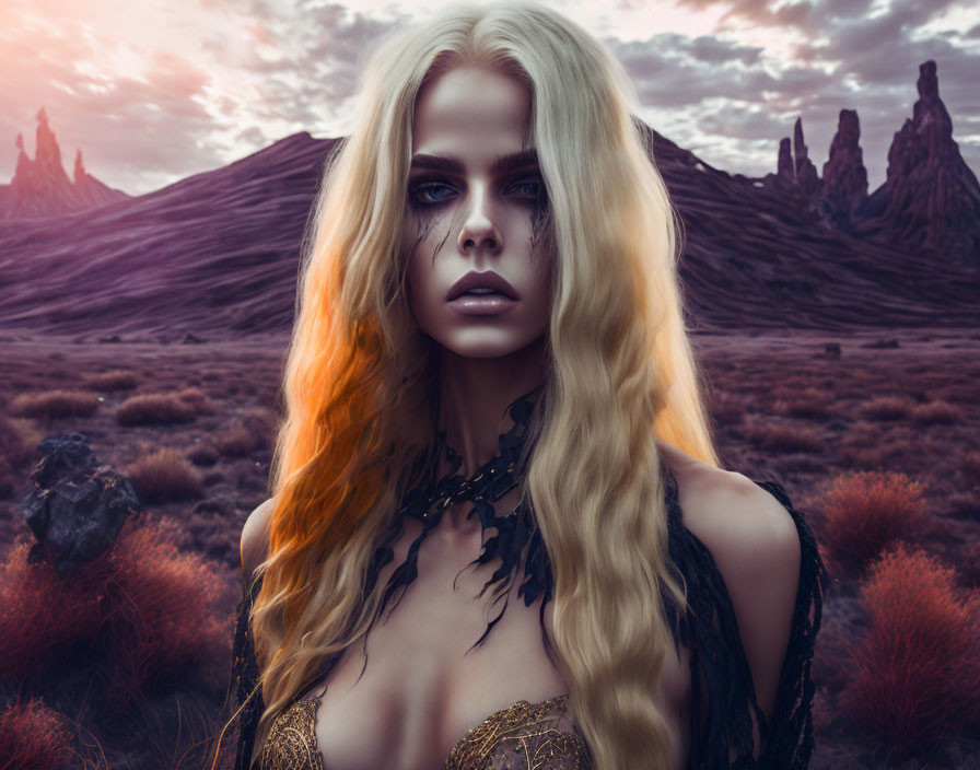 Blonde woman in dark makeup in fantasy desert setting at dusk