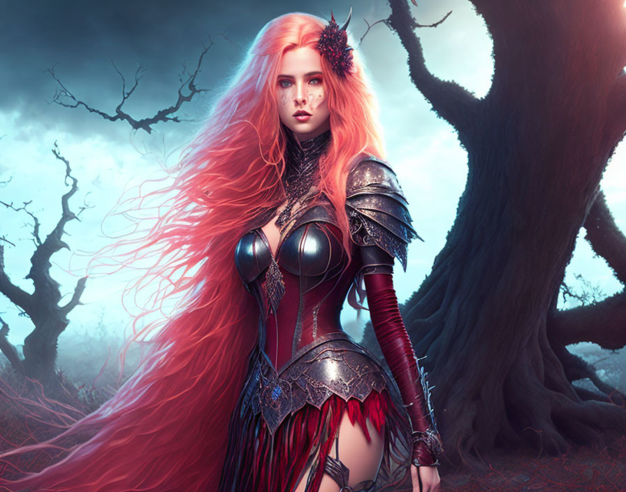 Fantasy warrior with long red hair in elaborate black armor in mystical forest