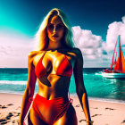 Woman in Red Bikini on Beach at Sunset with Sailboats