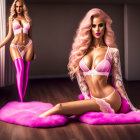 Blonde woman in pink lingerie and robe in warm-lit room