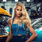 Blonde woman in denim outfit posing in garage with classic cars