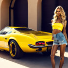 Two women in stylish summer outfits posing with yellow sports car