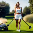 Woman in white sports attire with tattoos mowing lawn