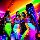 Five women in neon glow-in-the-dark outfits at vibrant club party