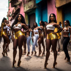 Vibrant pink tops, gold shorts, high heels: Women leading group in urban setting