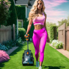 Smiling woman in pink sporty outfit mowing lawn in sunny suburb