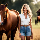 Smiling woman in denim outfit near horse on farm at sunset