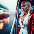 Woman in Red Jacket at Bus Stop with Red Bus and Raindrops